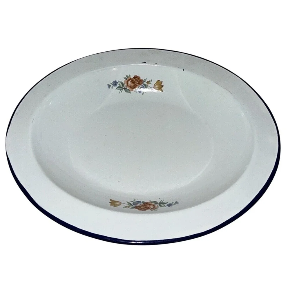 Vintage Serving‎ Bowl Enamelware Floral 11x9